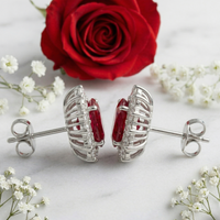 Majestic Ruby Oval Halo Studs - 925 Sterling Silver