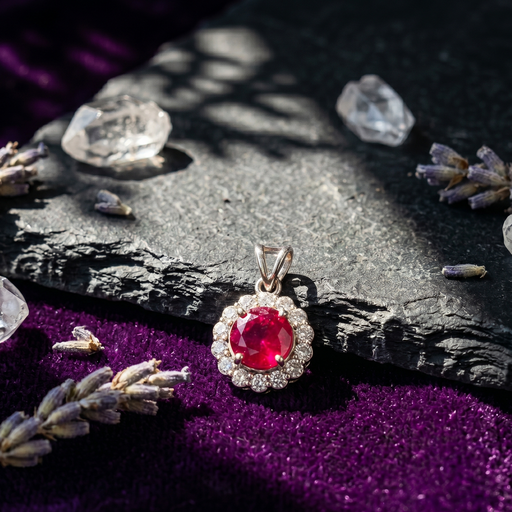 Ruby Halo Pendant Set in 925 Sterling Silver