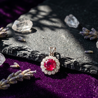 Ruby Halo Pendant Set in 925 Sterling Silver