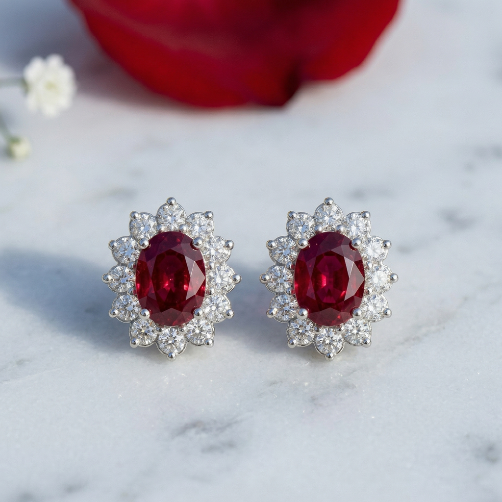 Majestic Ruby Oval Halo Studs - 925 Sterling Silver