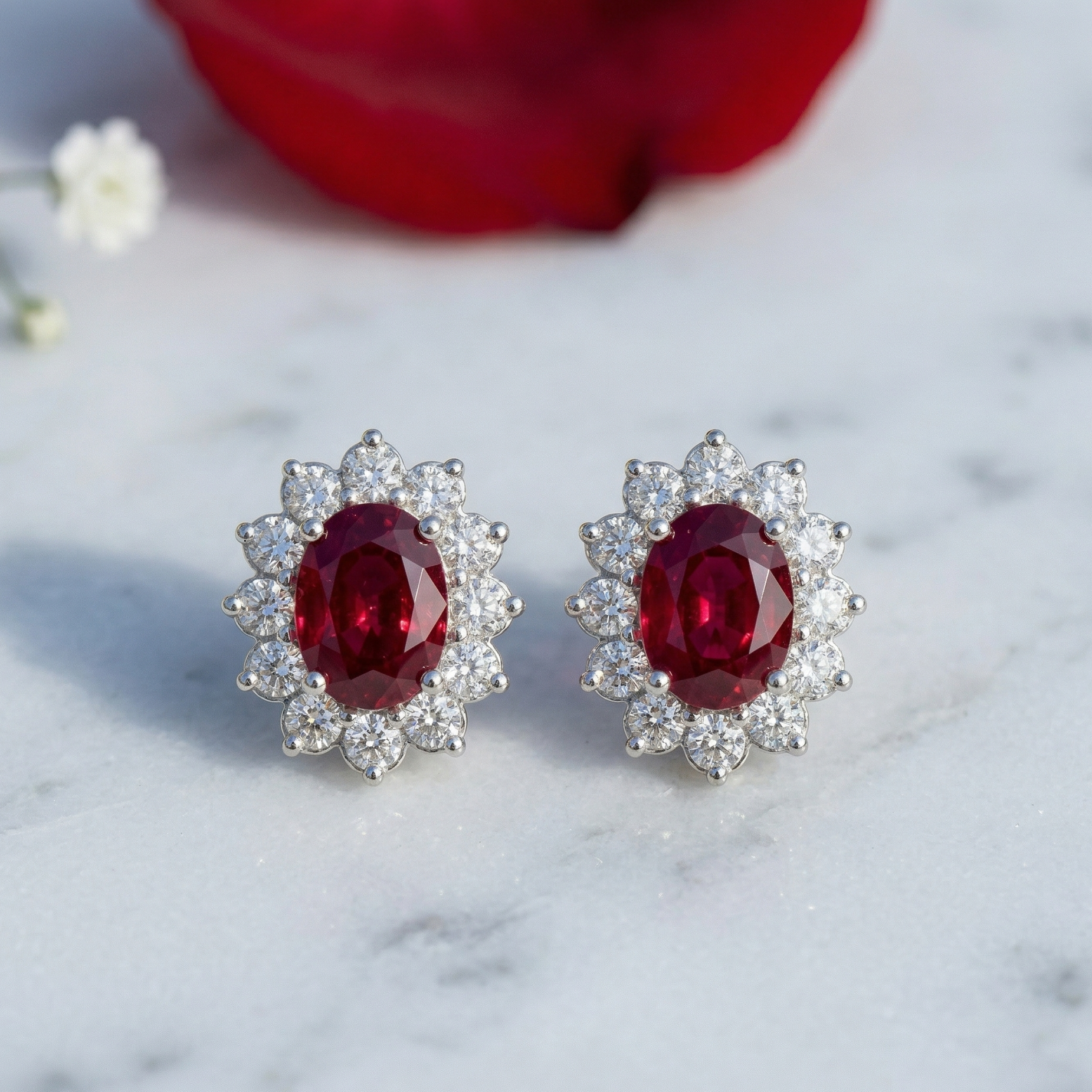 Majestic Ruby Oval Halo Studs - 925 Sterling Silver