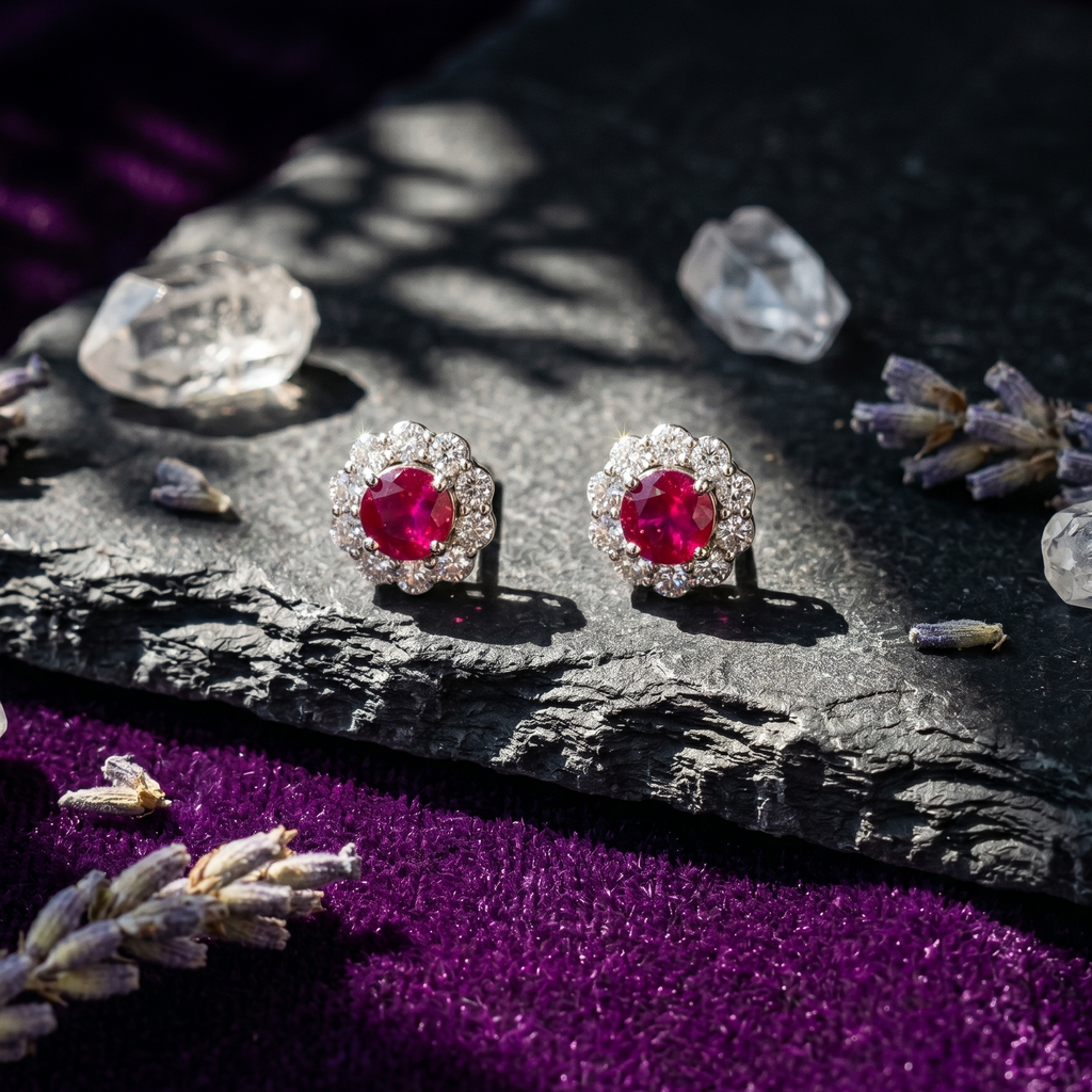 Ruby Halo Pendant Set in 925 Sterling Silver
