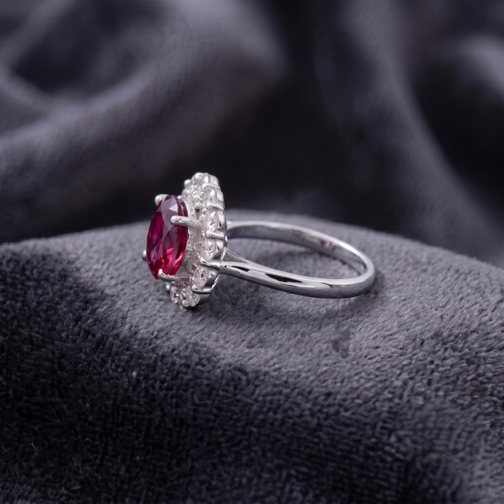 Round Cut Ruby Halo Statement Ring in 925 Sterling Silver