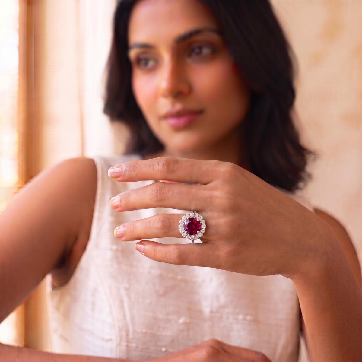 Round Cut Ruby Halo Statement Ring in 925 Sterling Silver