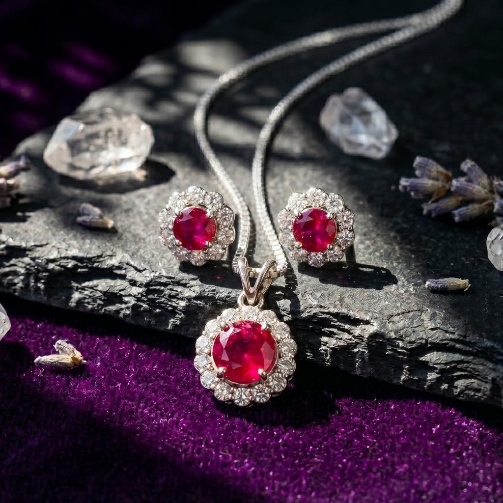 Ruby Halo Pendant Set in 925 Sterling Silver