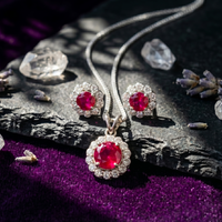 Ruby Halo Pendant Set in 925 Sterling Silver