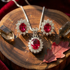 Oval Ruby Halo Pendant Set in 925 Sterling Silver