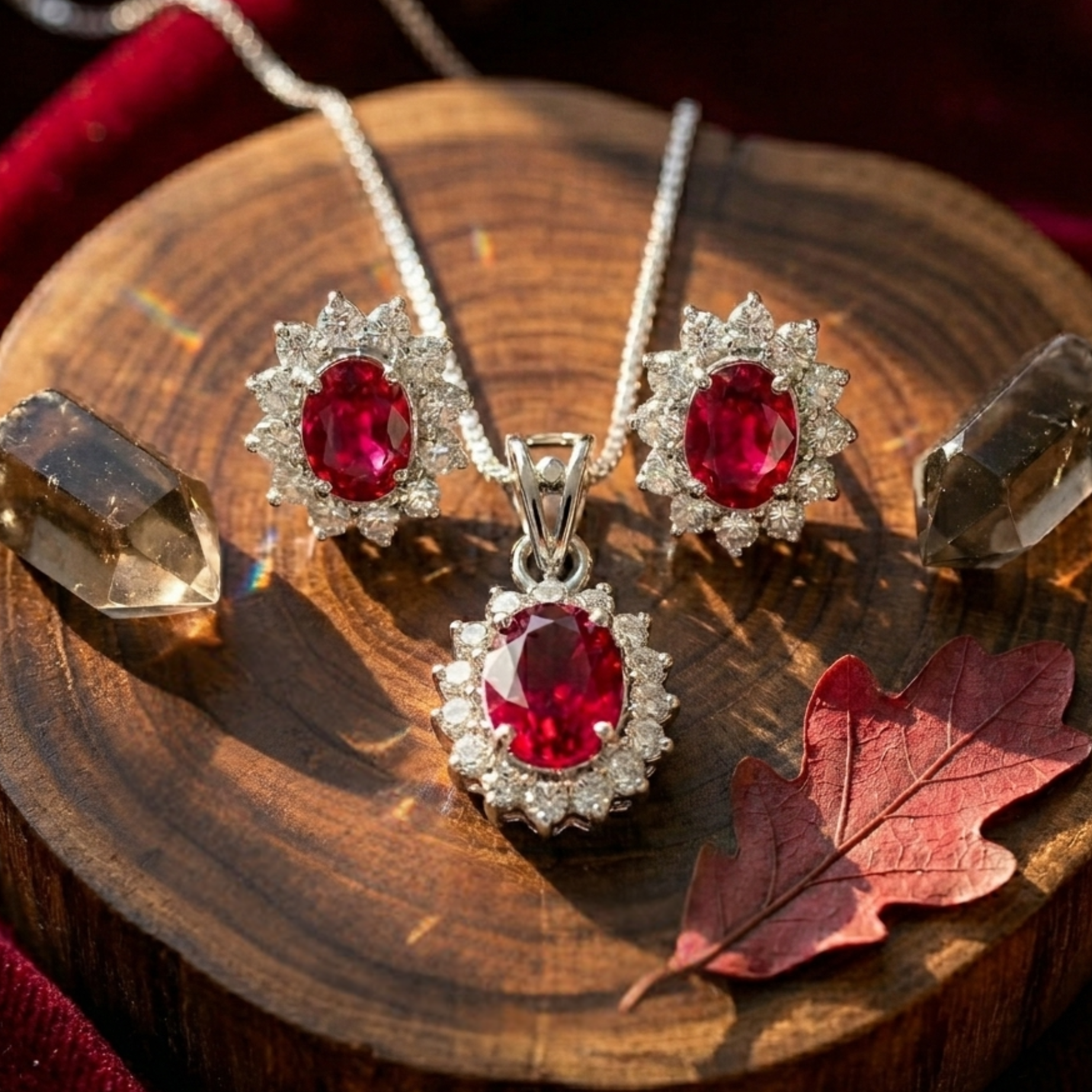 Oval Ruby Halo Pendant Set in 925 Sterling Silver