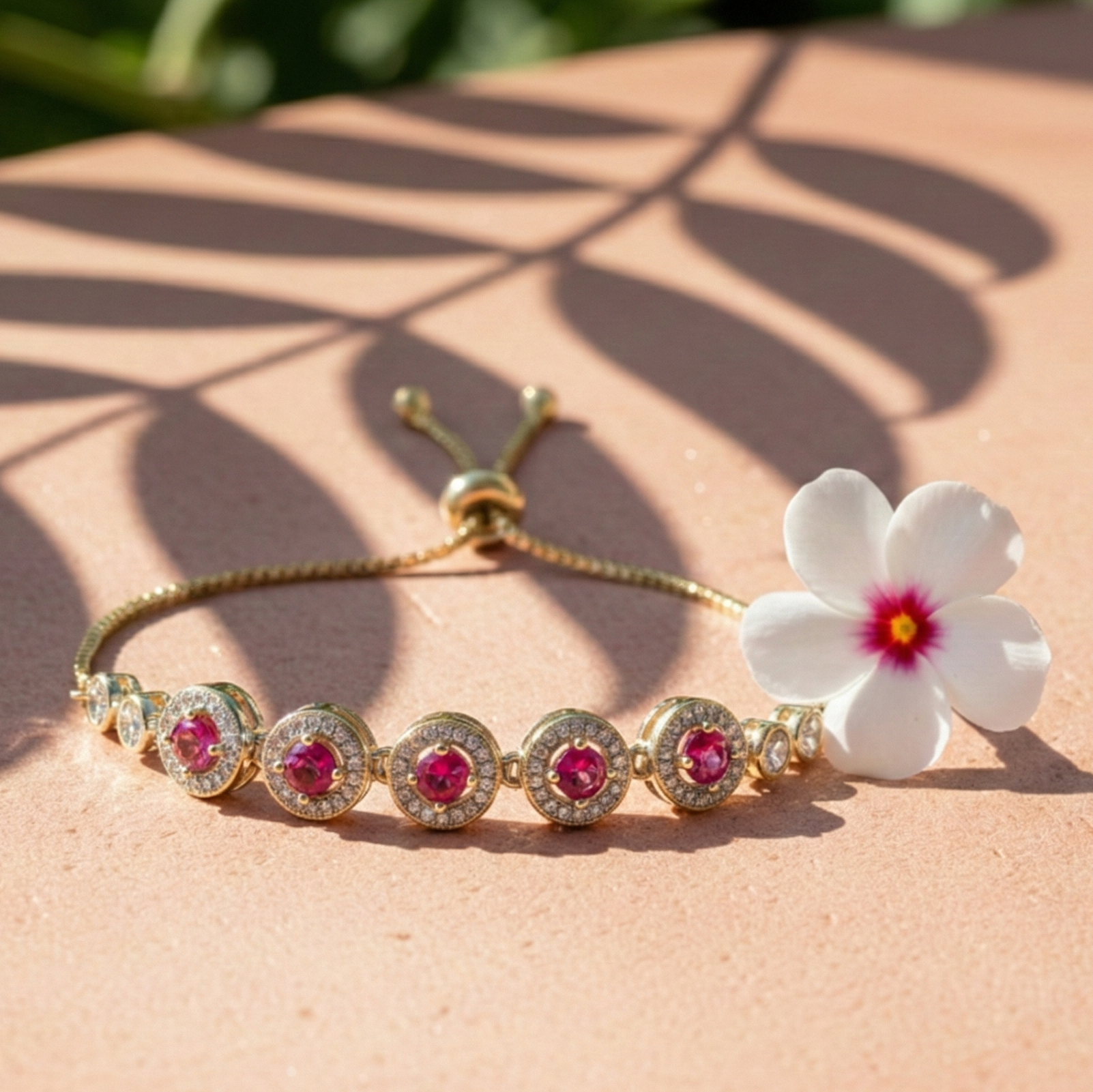 Ruby Pink Halo Adjustable Bracelet in 925 Sterling Silver