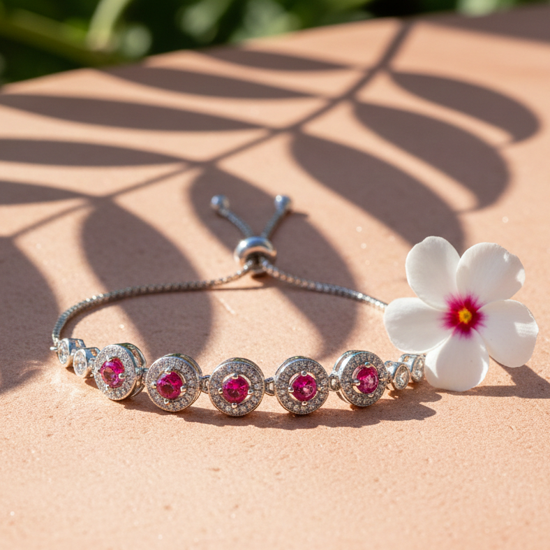 Ruby Pink Halo Adjustable Bracelet in 925 Sterling Silver