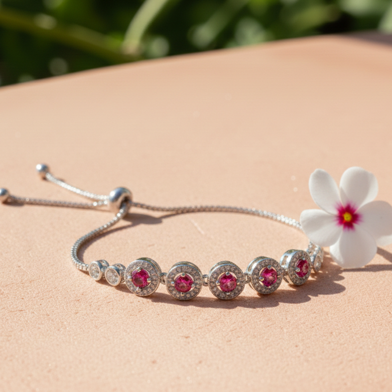 Ruby Pink Halo Adjustable Bracelet in 925 Sterling Silver