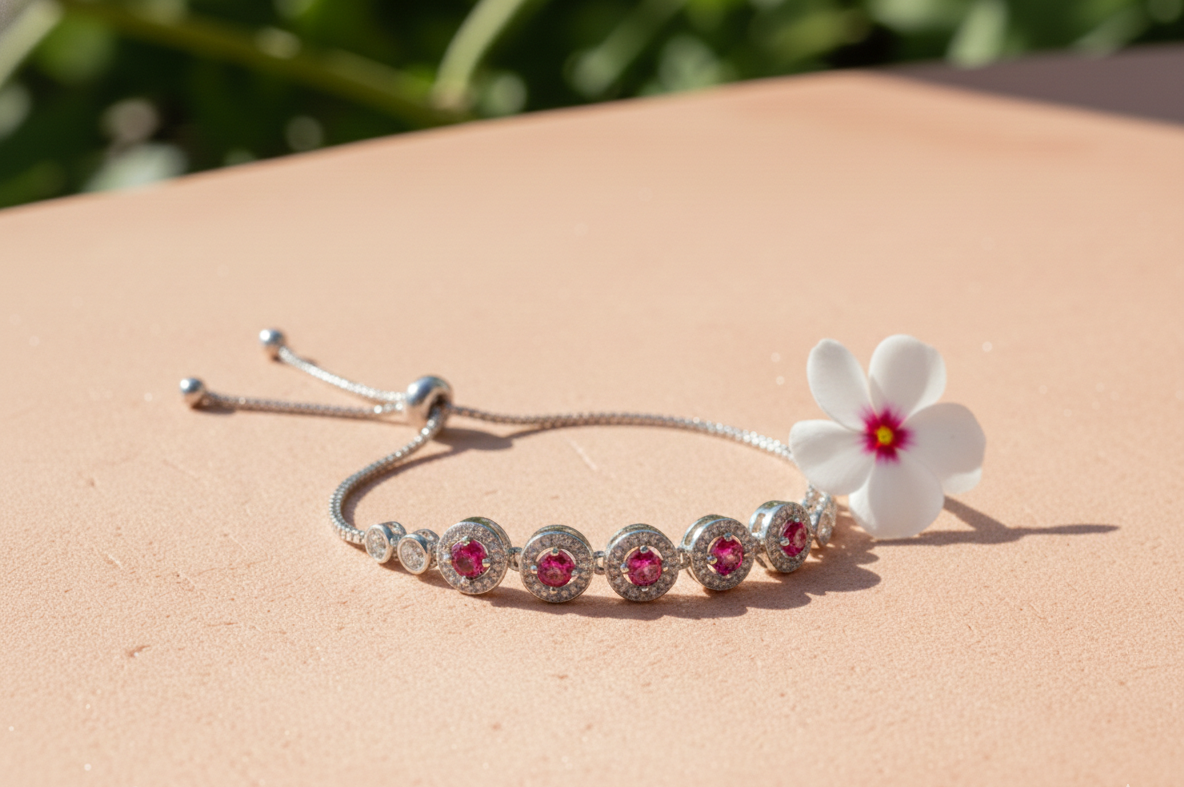 Ruby Pink Halo Adjustable Bracelet in 925 Sterling Silver
