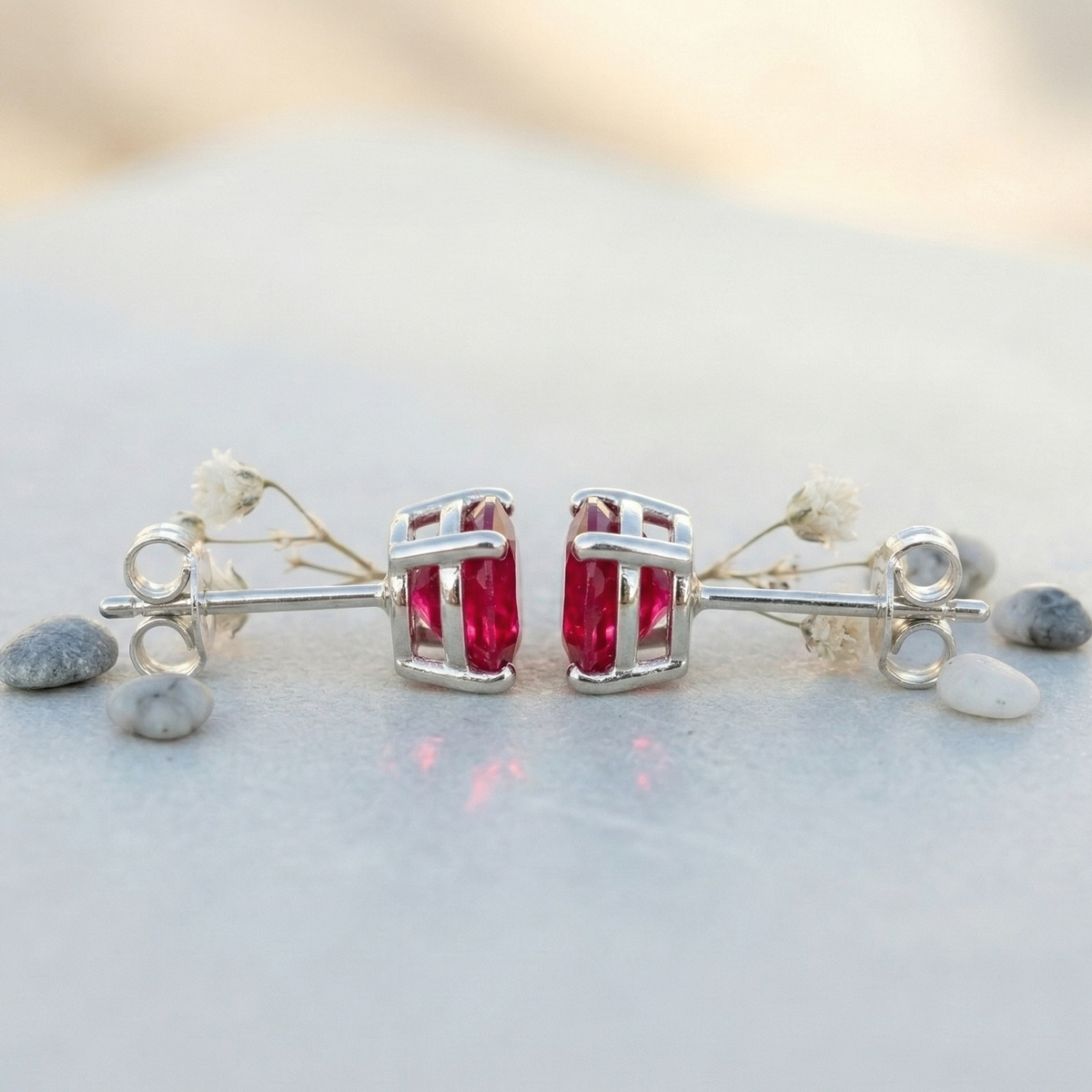 Vibrant Ruby Pink Solitaire Studs - 925 Sterling Silver