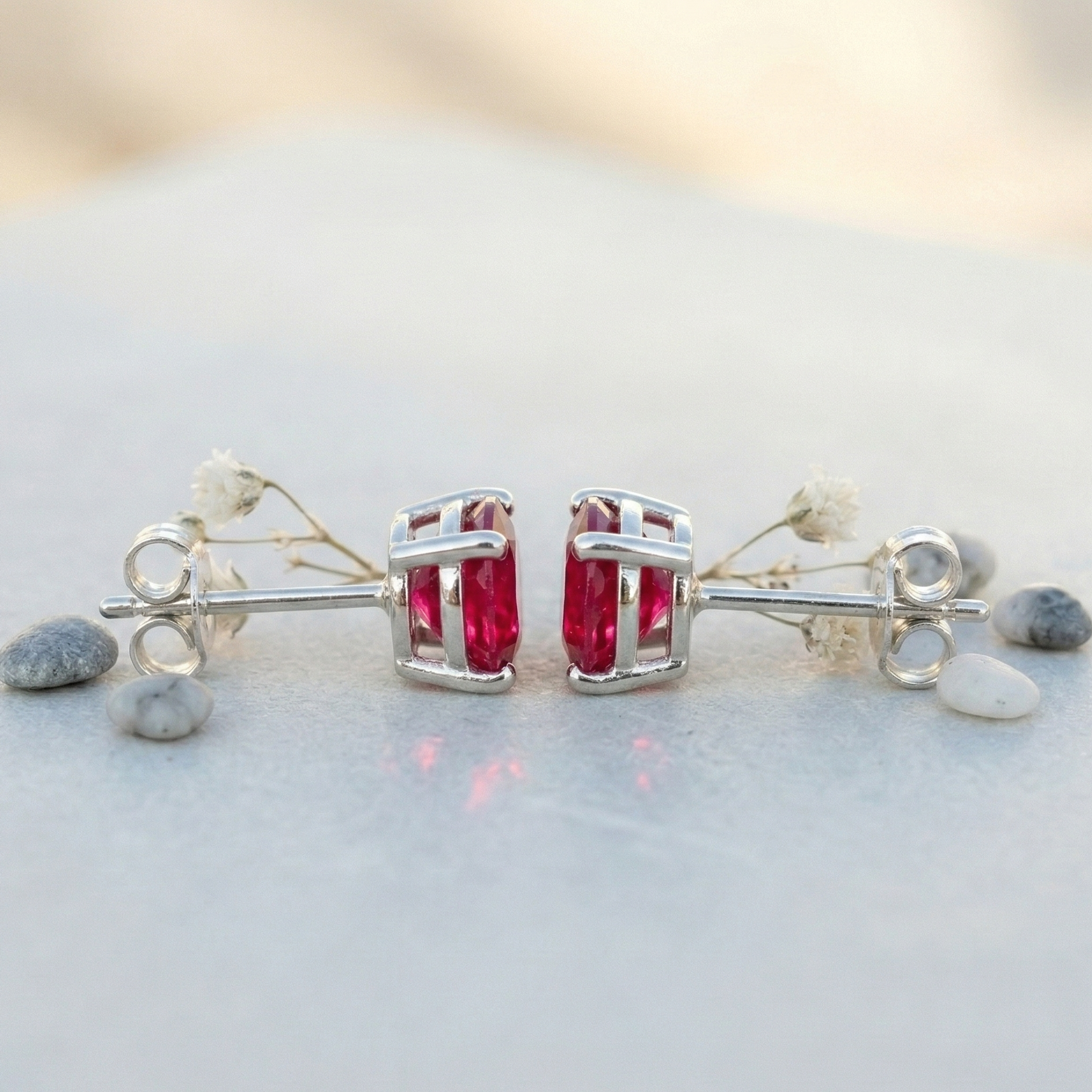 Vibrant Ruby Pink Solitaire Studs - 925 Sterling Silver