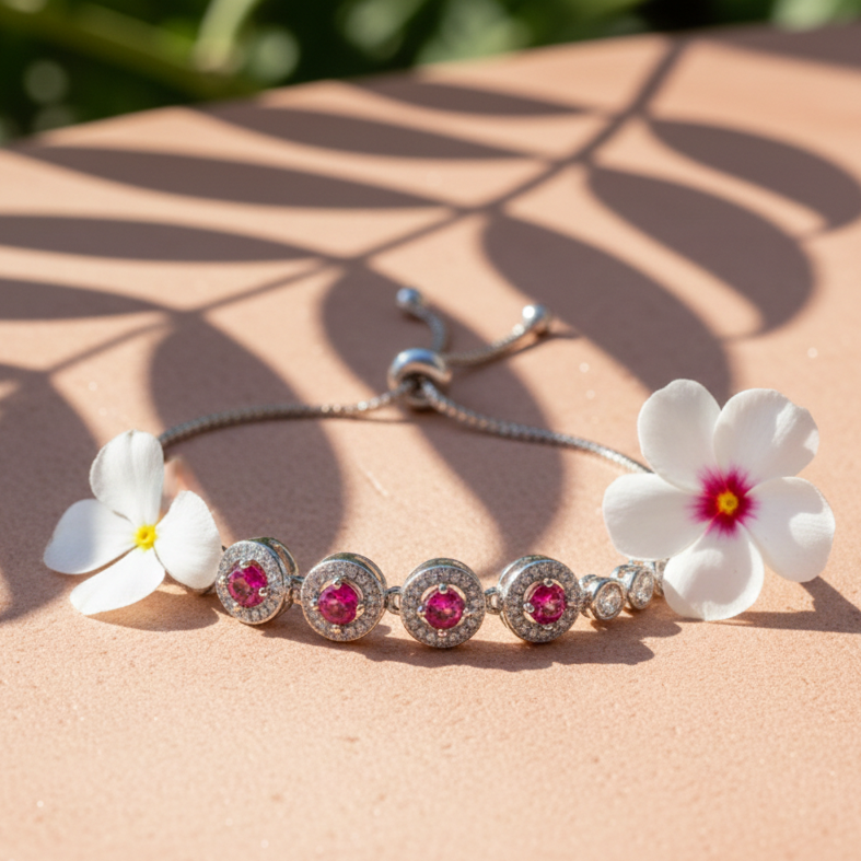 Ruby Pink Halo Adjustable Bracelet in 925 Sterling Silver