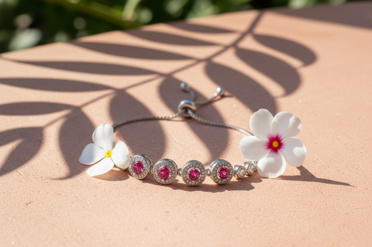 Ruby Pink Halo Adjustable Bracelet in 925 Sterling Silver