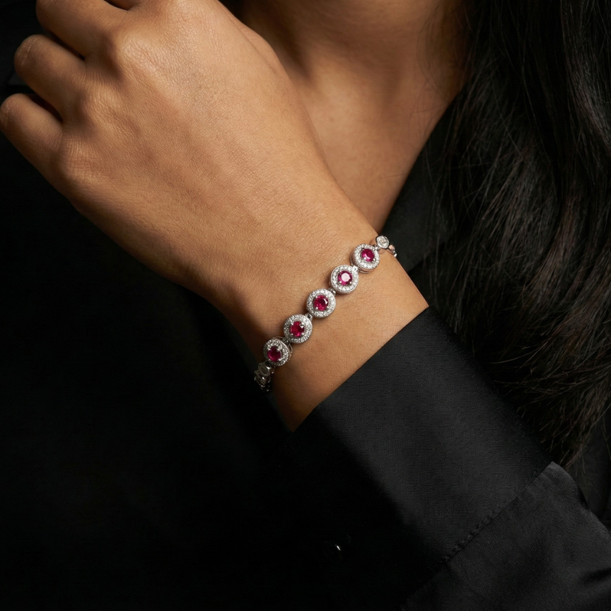 Ruby Pink Halo Adjustable Bracelet in 925 Sterling Silver