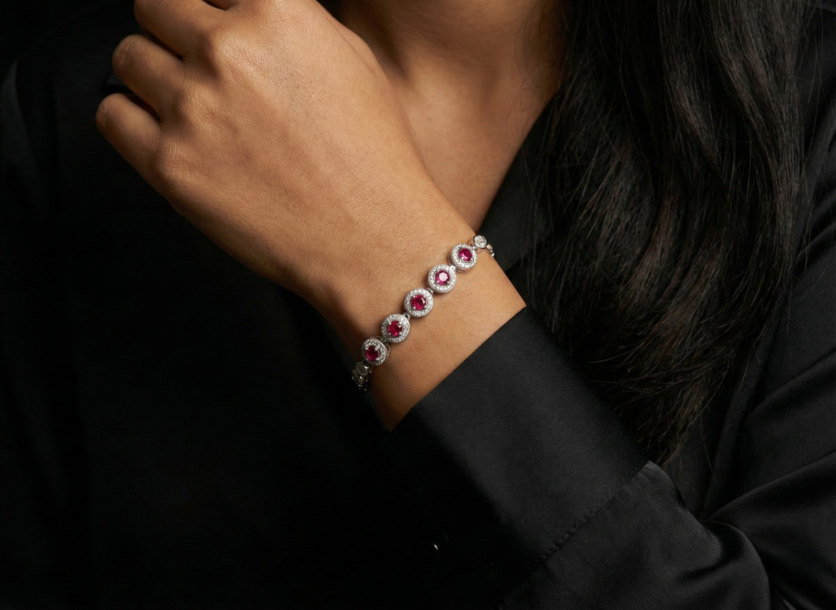 Ruby Pink Halo Adjustable Bracelet in 925 Sterling Silver