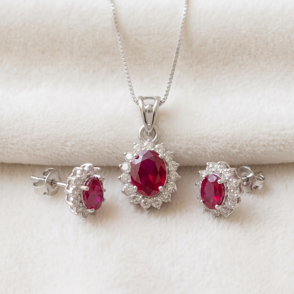 Oval Ruby Halo Pendant Set in 925 Sterling Silver