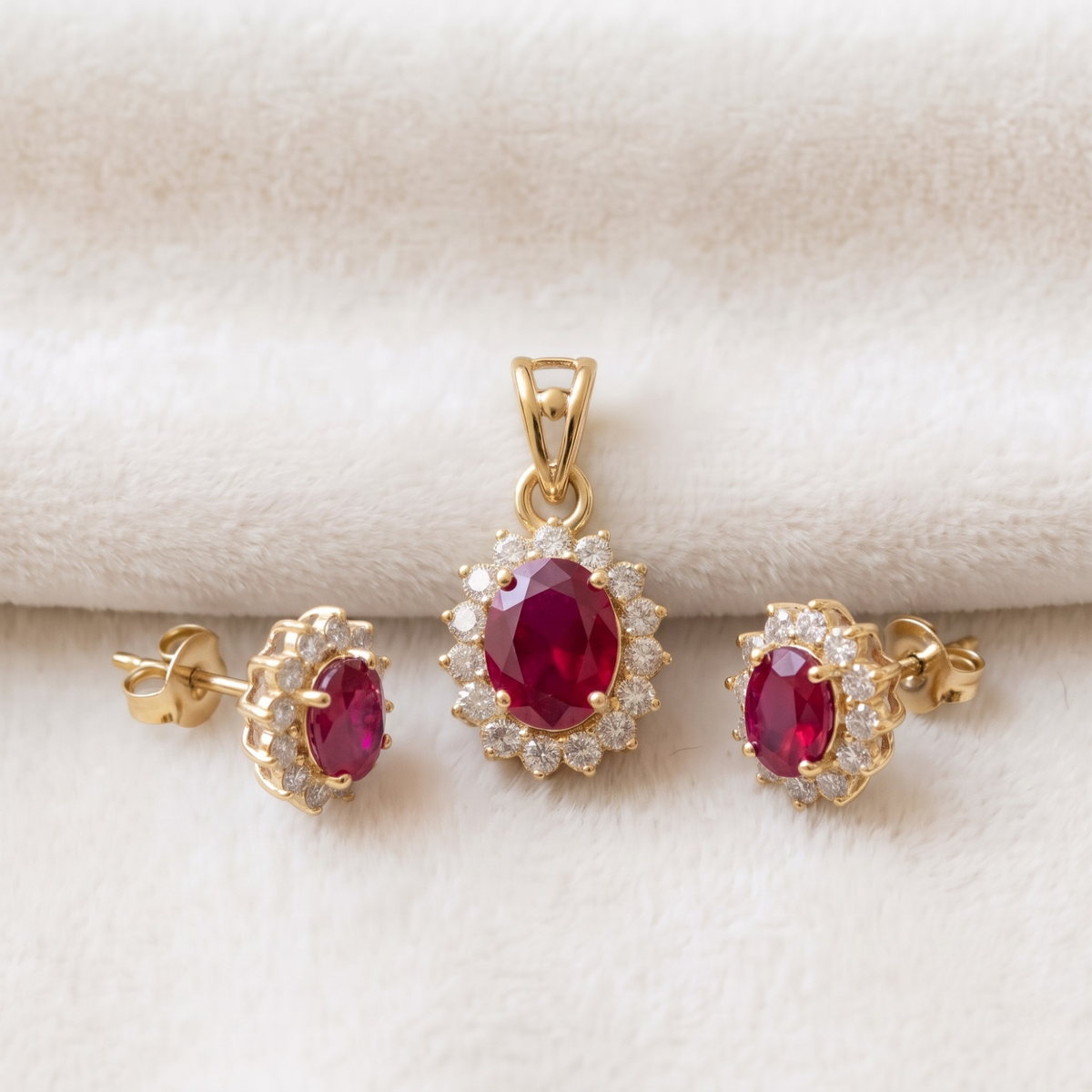 Oval Ruby Halo Pendant Set in 925 Sterling Silver