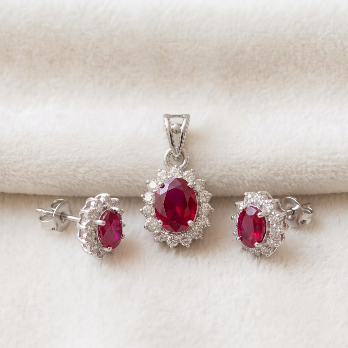 Oval Ruby Halo Pendant Set in 925 Sterling Silver