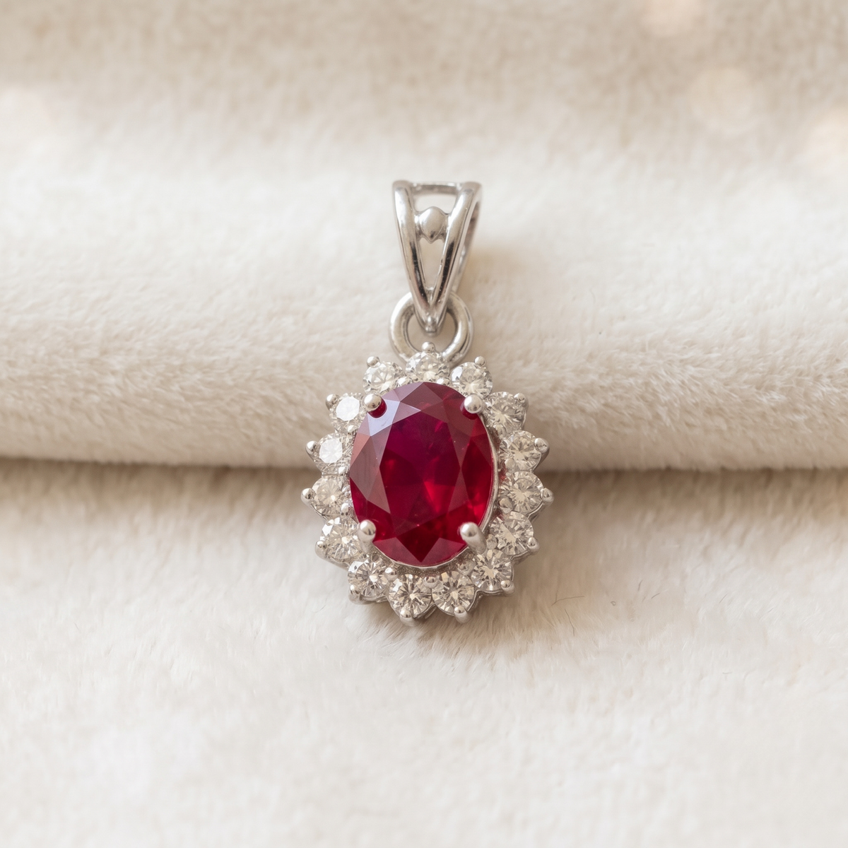 Oval Ruby Halo Pendant Set in 925 Sterling Silver