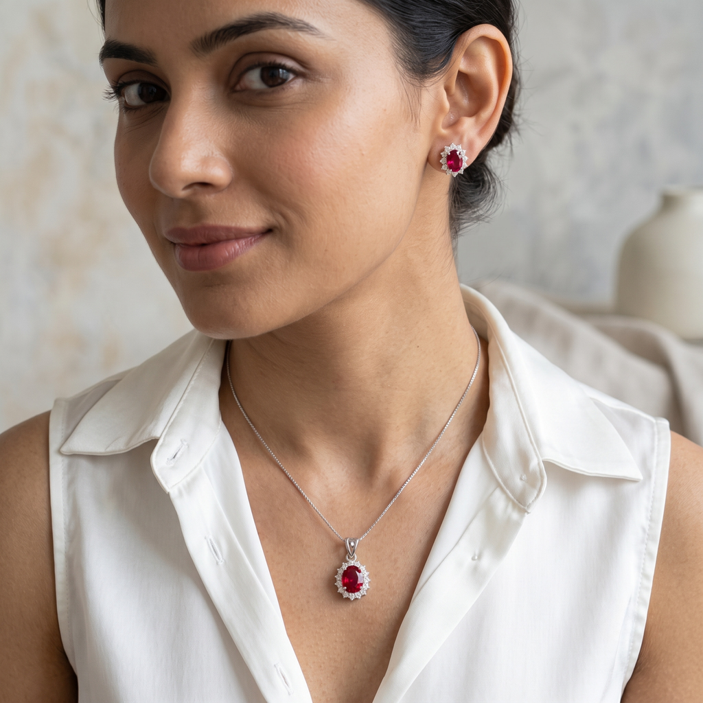 Oval Ruby Halo Pendant Set in 925 Sterling Silver