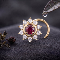 Ruby Sunburst Halo Nose Pin in 925 Sterling Silver