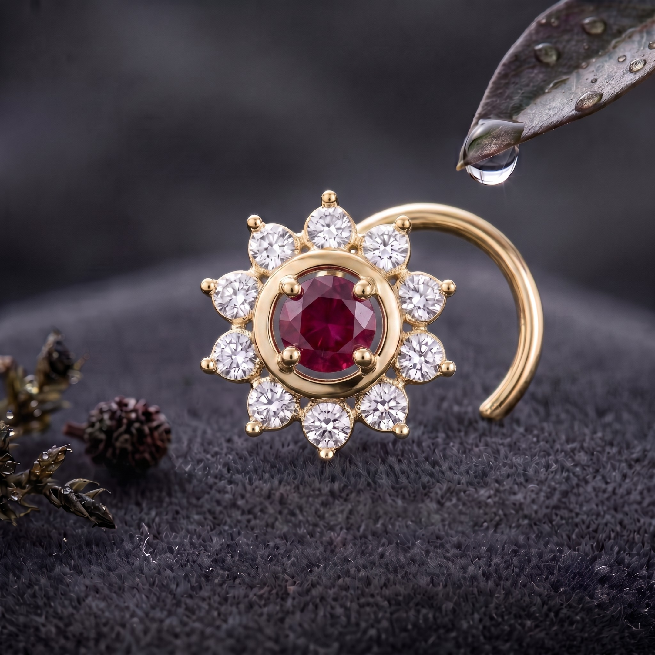 Ruby Sunburst Halo Nose Pin in 925 Sterling Silver
