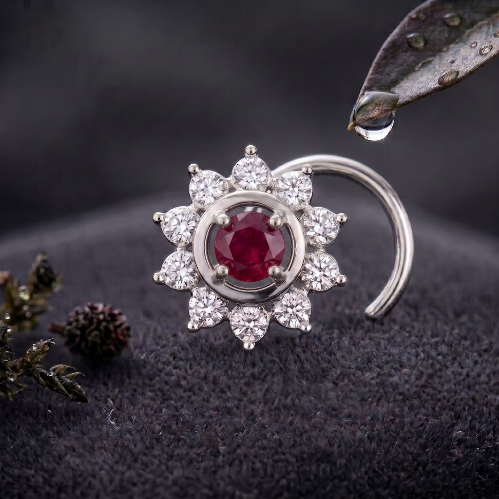 Ruby Sunburst Halo Nose Pin in 925 Sterling Silver
