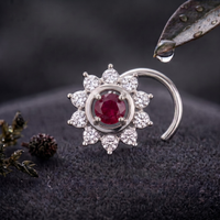 Ruby Sunburst Halo Nose Pin in 925 Sterling Silver