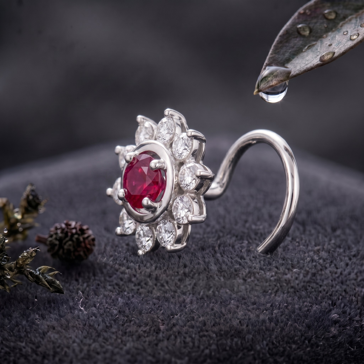 Ruby Sunburst Halo Nose Pin in 925 Sterling Silver