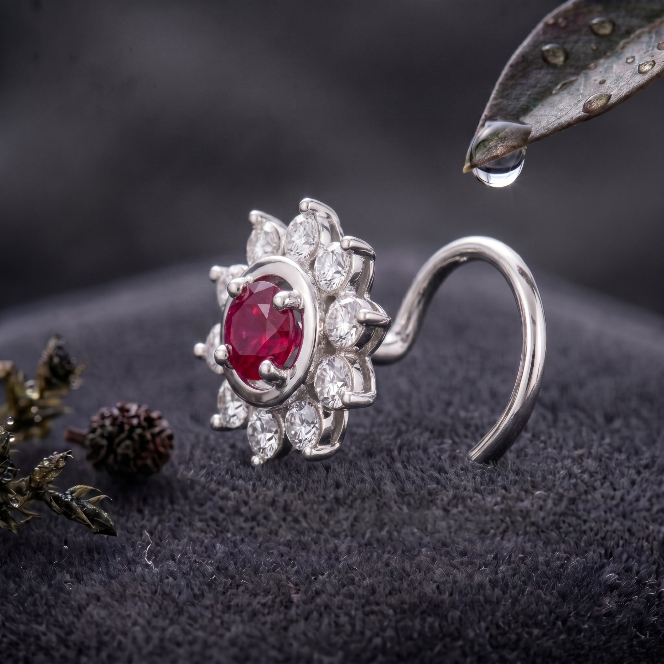 Ruby Sunburst Halo Nose Pin in 925 Sterling Silver