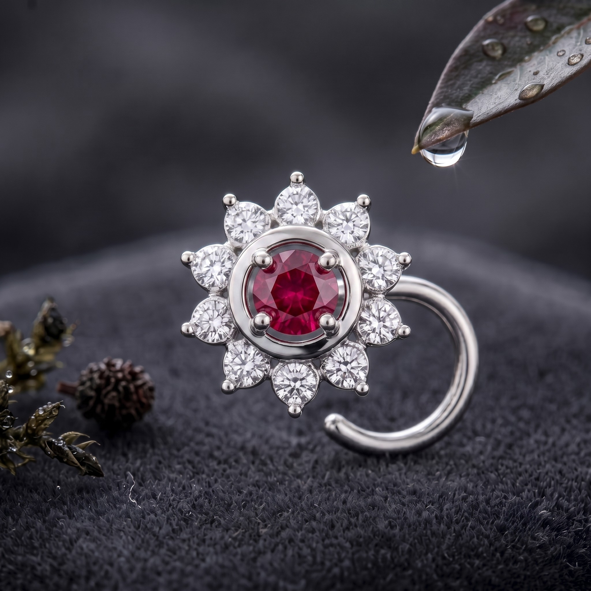Ruby Sunburst Halo Nose Pin in 925 Sterling Silver