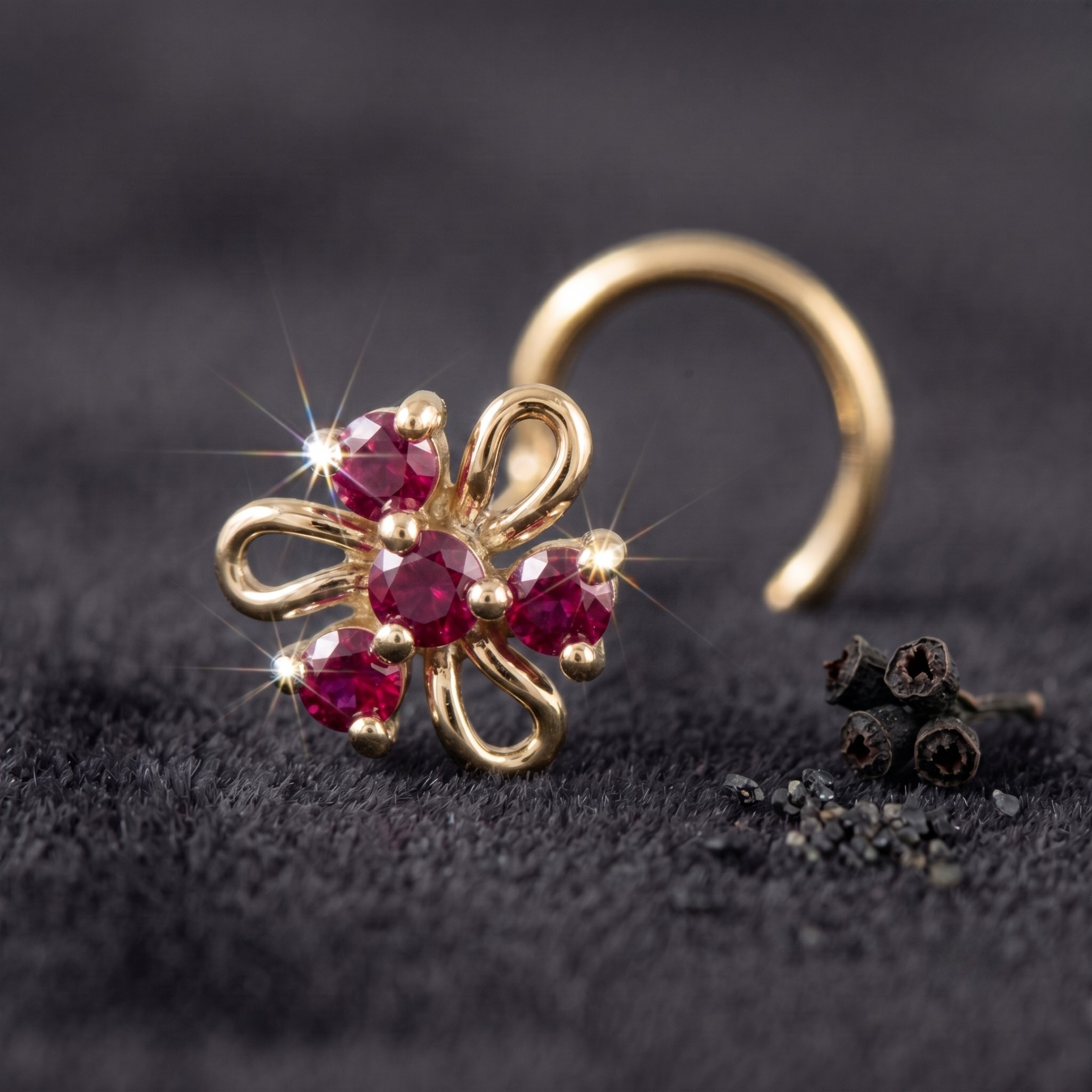 Ruby Swirl Floral Nose Pin in 925 Sterling Silver