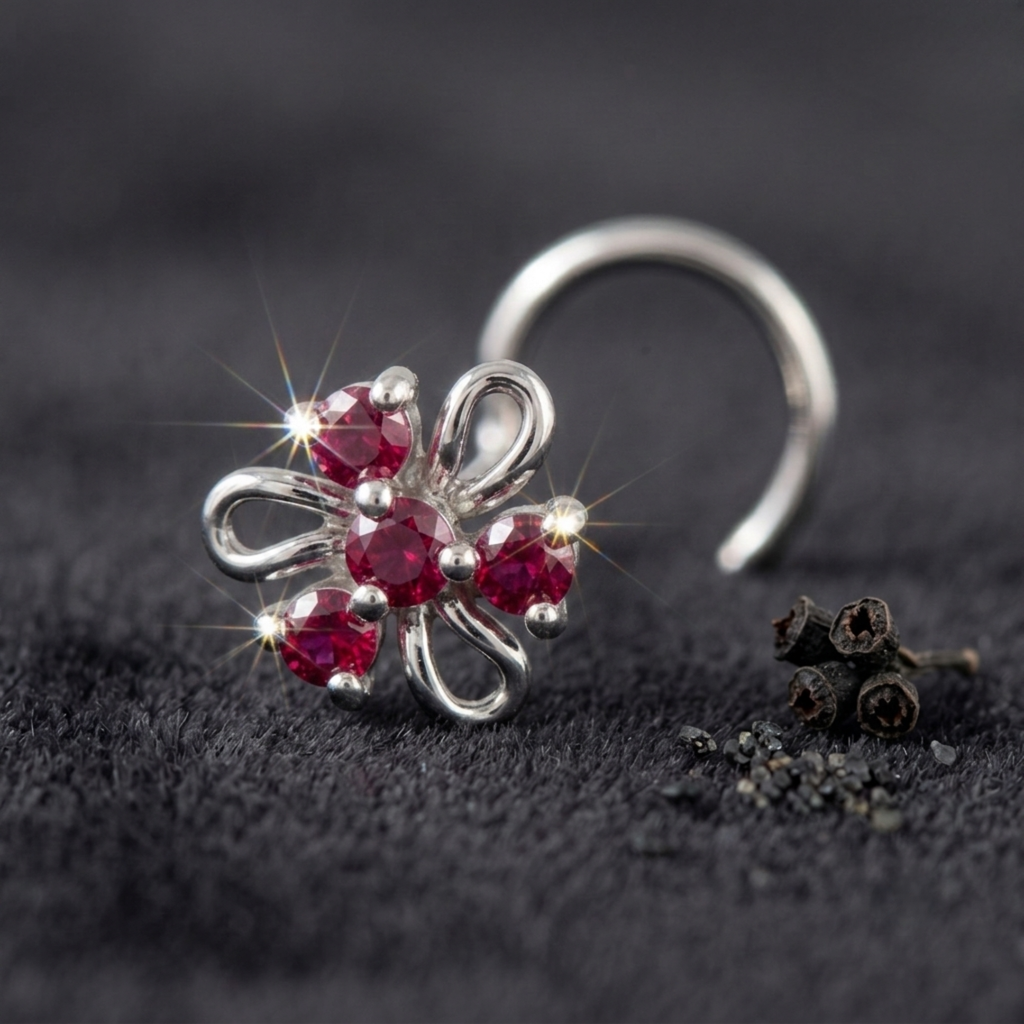 Ruby Swirl Floral Nose Pin in 925 Sterling Silver