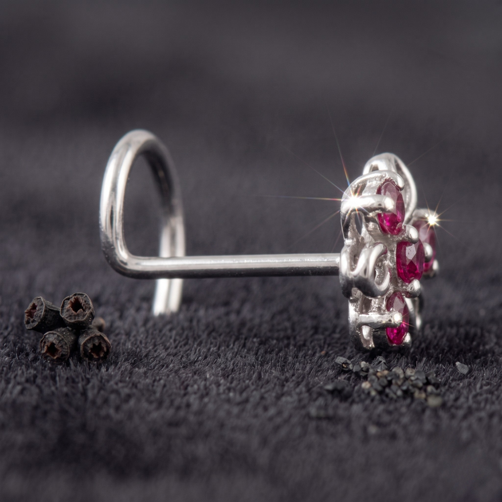 Ruby Swirl Floral Nose Pin in 925 Sterling Silver