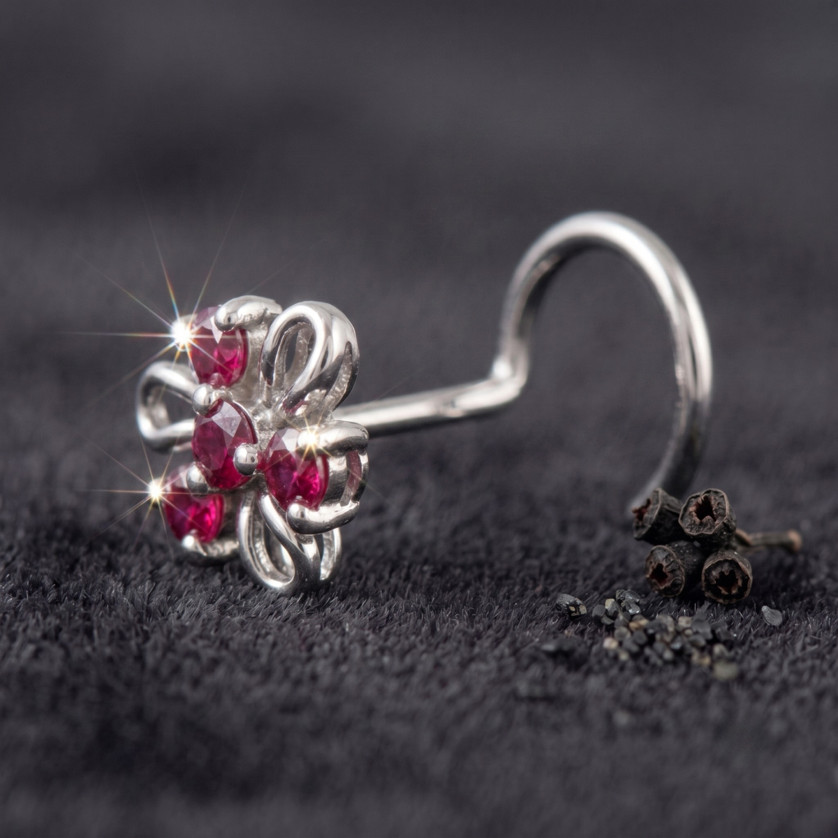 Ruby Swirl Floral Nose Pin in 925 Sterling Silver