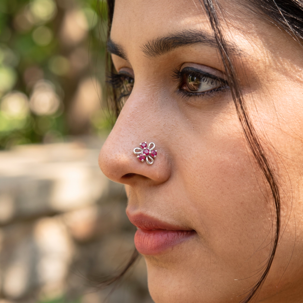 Ruby Swirl Floral Nose Pin in 925 Sterling Silver