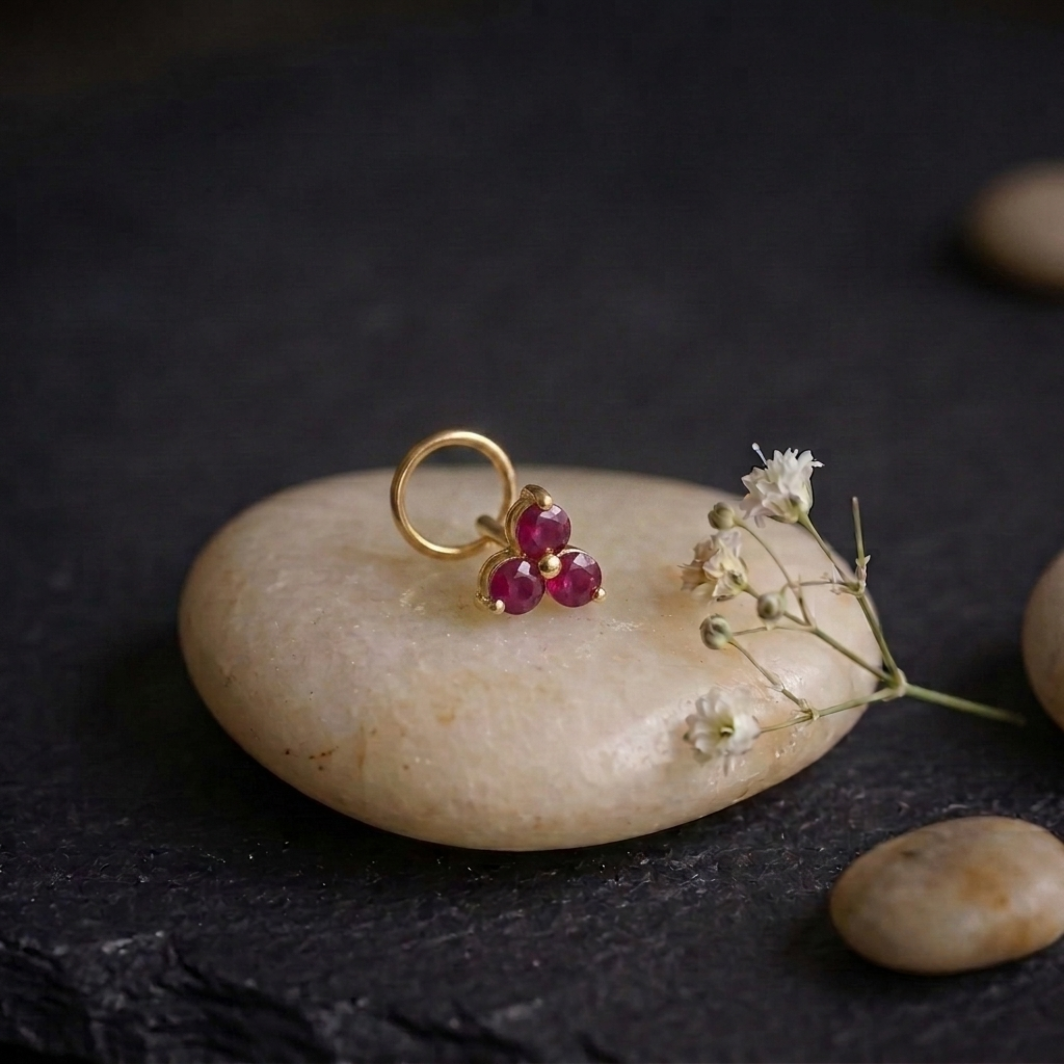 Ruby Trinity Cluster Nose Pin in 925 Sterling Silver