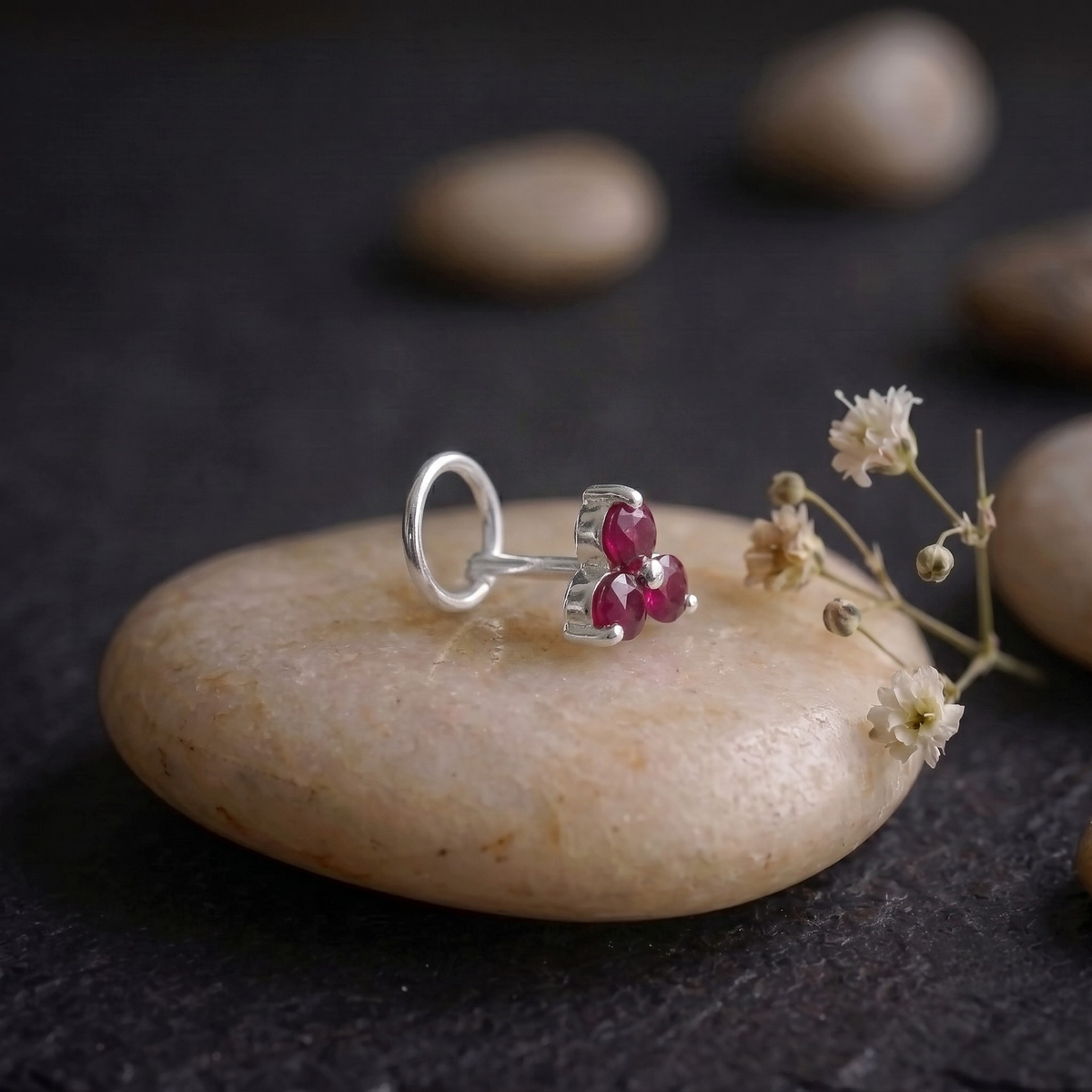 Ruby Trinity Cluster Nose Pin in 925 Sterling Silver