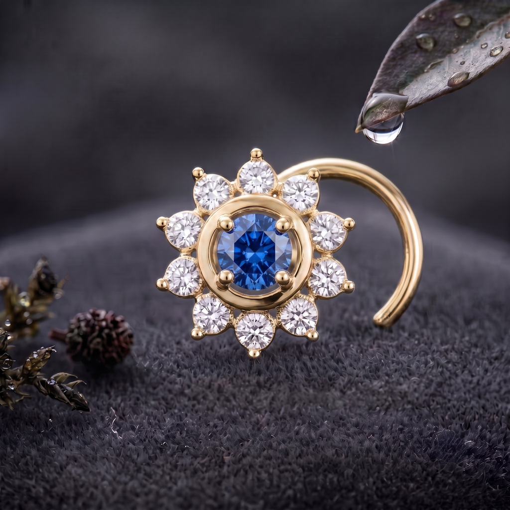 Sapphire Sunburst Halo Nose Pin in 925 Sterling Silver