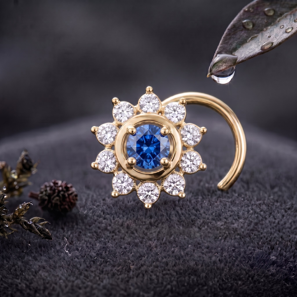 Sapphire Sunburst Halo Nose Pin in 925 Sterling Silver