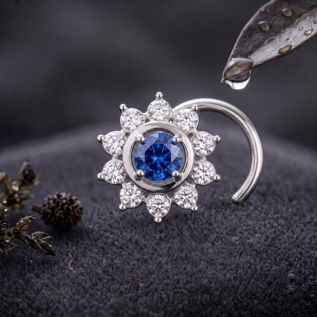 Sapphire Sunburst Halo Nose Pin in 925 Sterling Silver