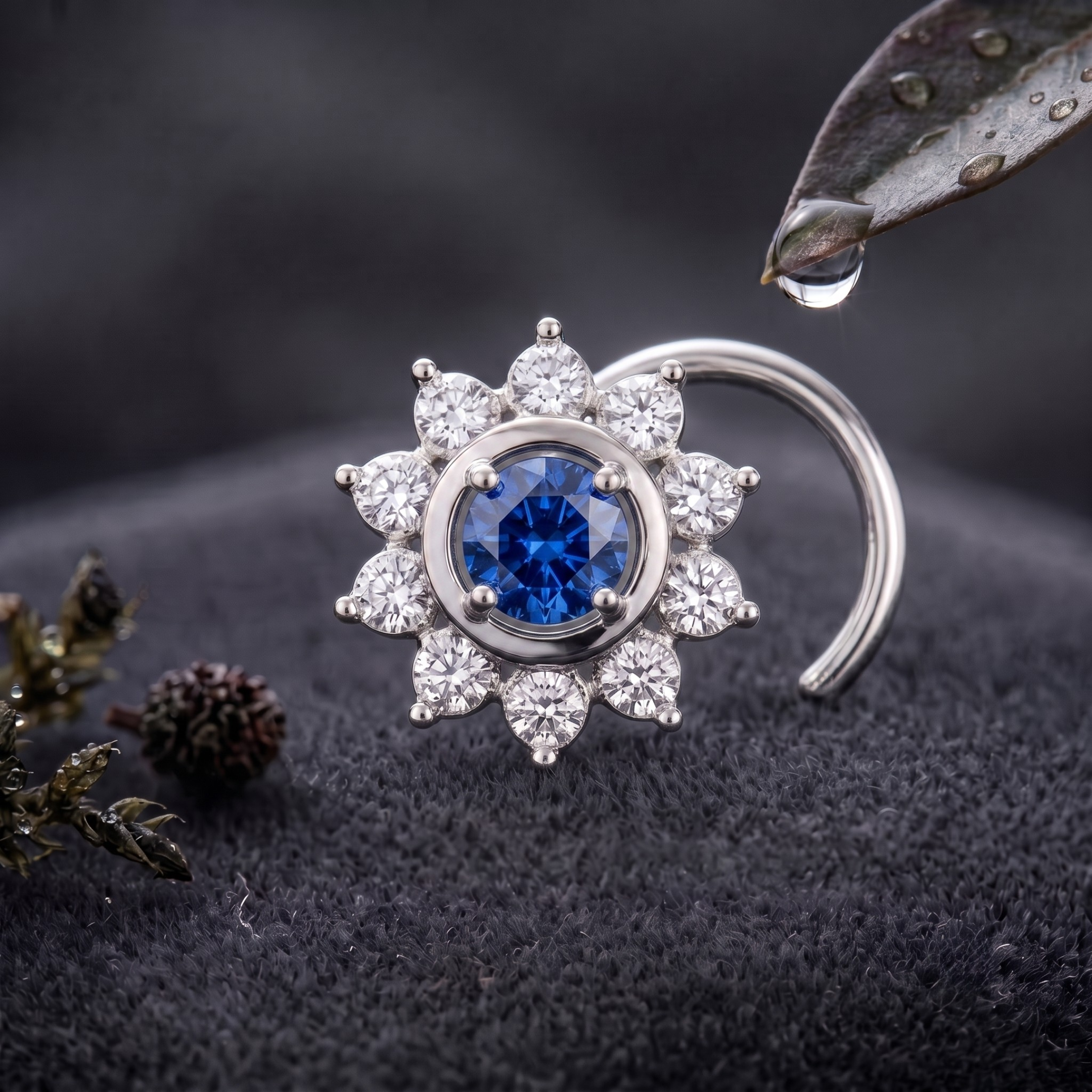 Sapphire Sunburst Halo Nose Pin in 925 Sterling Silver