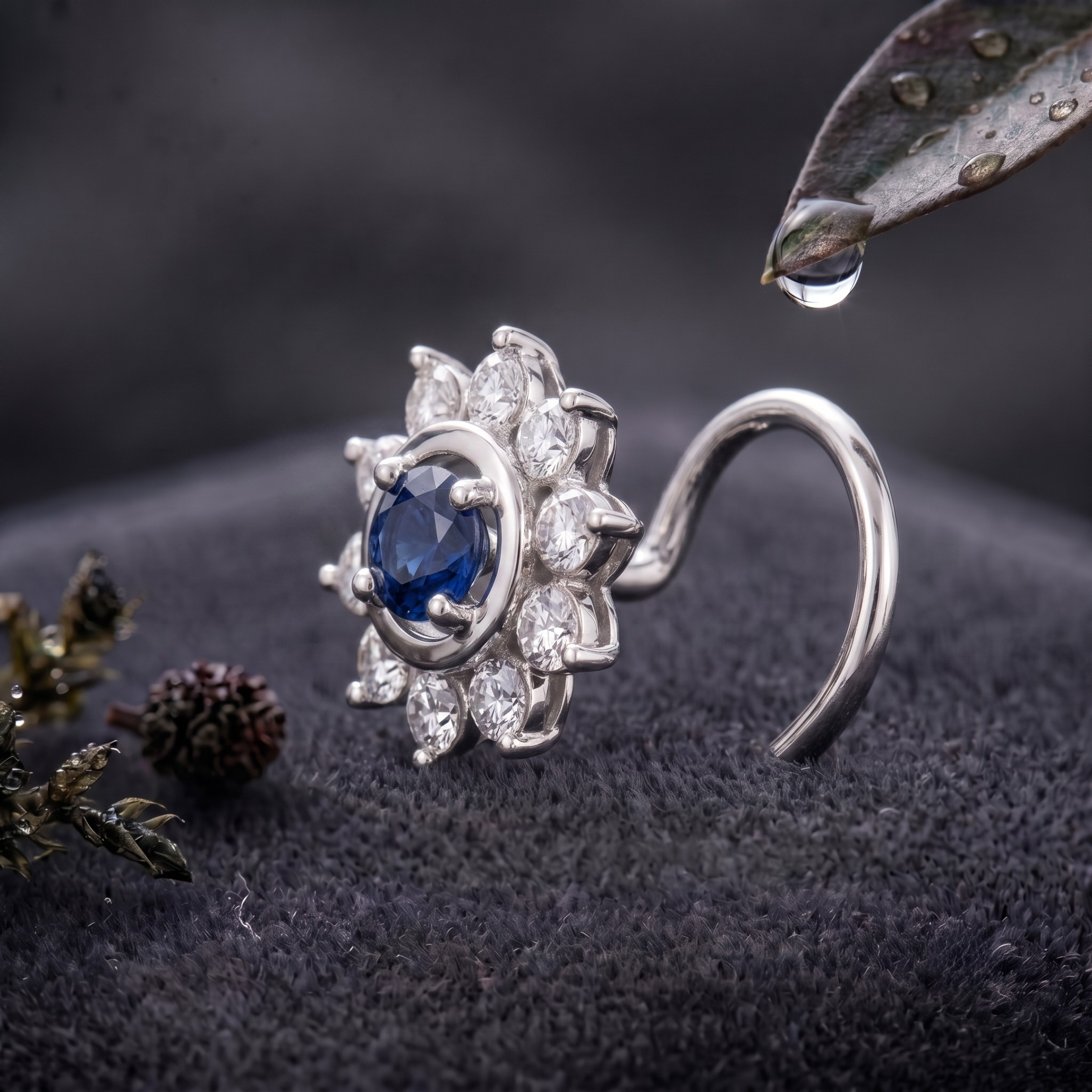 Sapphire Sunburst Halo Nose Pin in 925 Sterling Silver