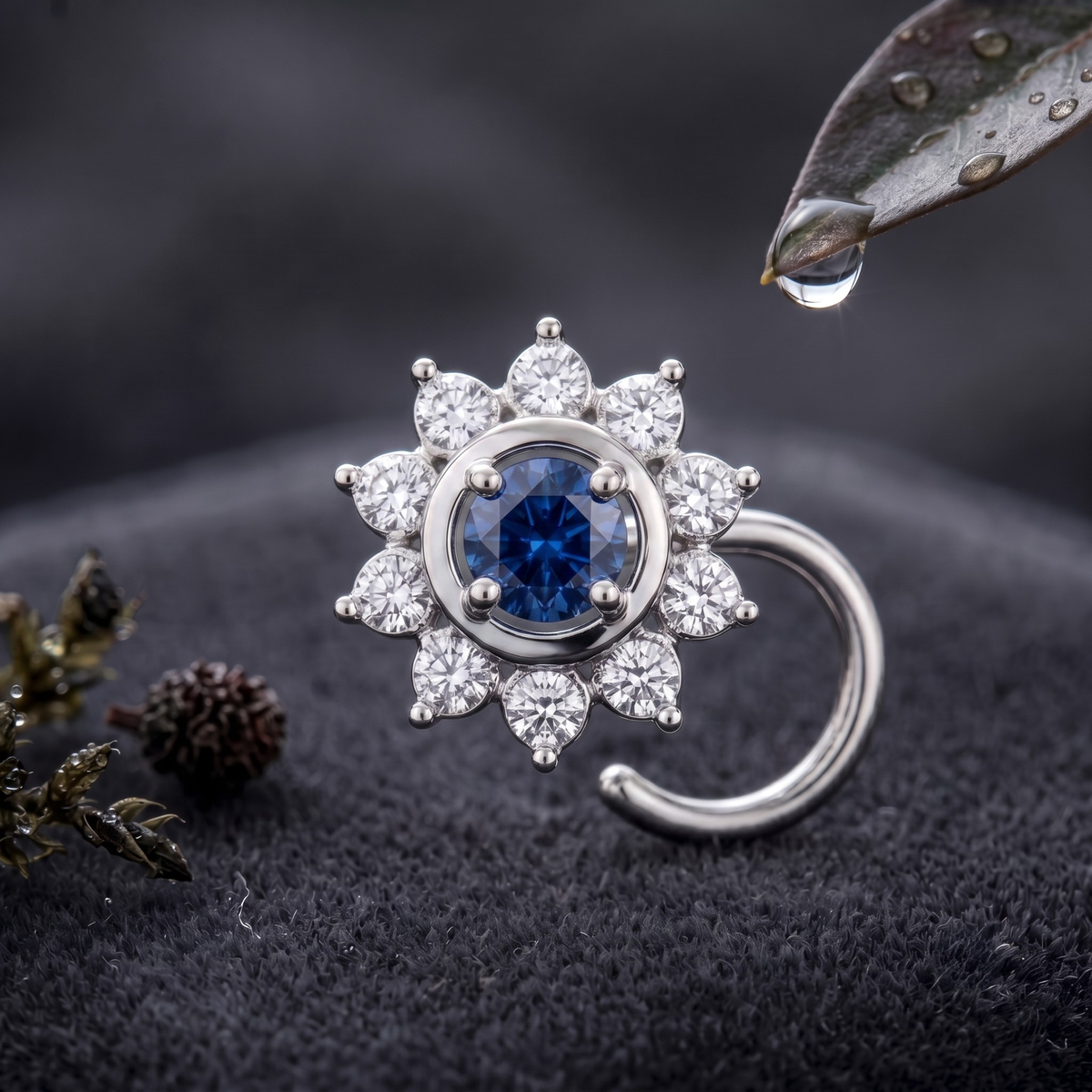 Sapphire Sunburst Halo Nose Pin in 925 Sterling Silver