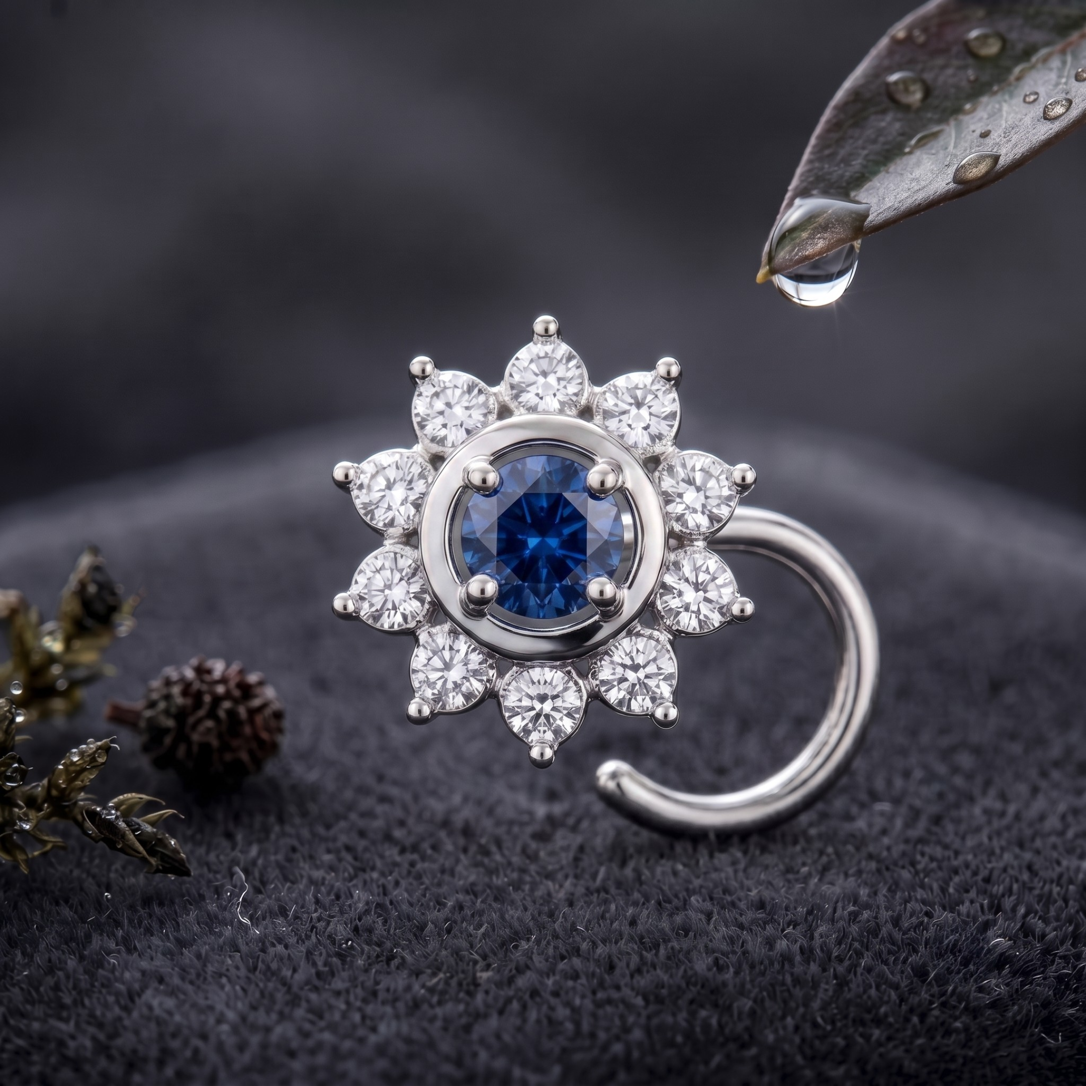 Sapphire Sunburst Halo Nose Pin in 925 Sterling Silver
