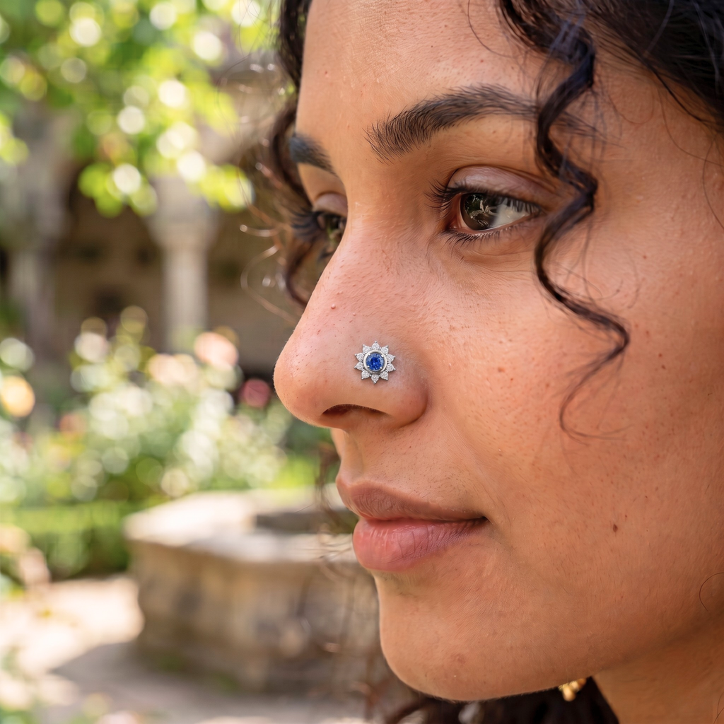 Sapphire Sunburst Halo Nose Pin in 925 Sterling Silver