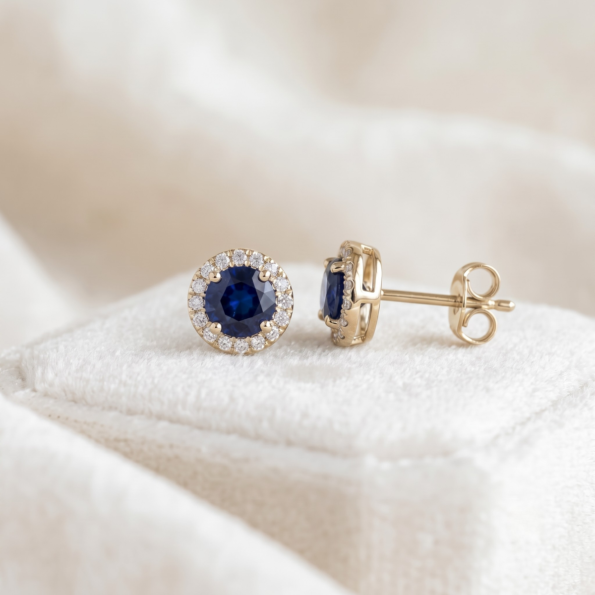 Round Sapphire Blue Halo CZ Studs | 925 Sterling Silver